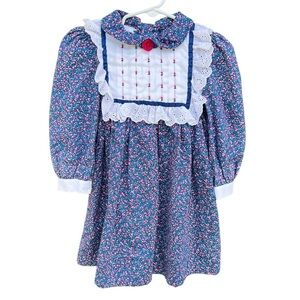 Vtg Polly Flinders Floral Long Sleeve Dress Rosette Smocking Eyelet Lace Sash 3T